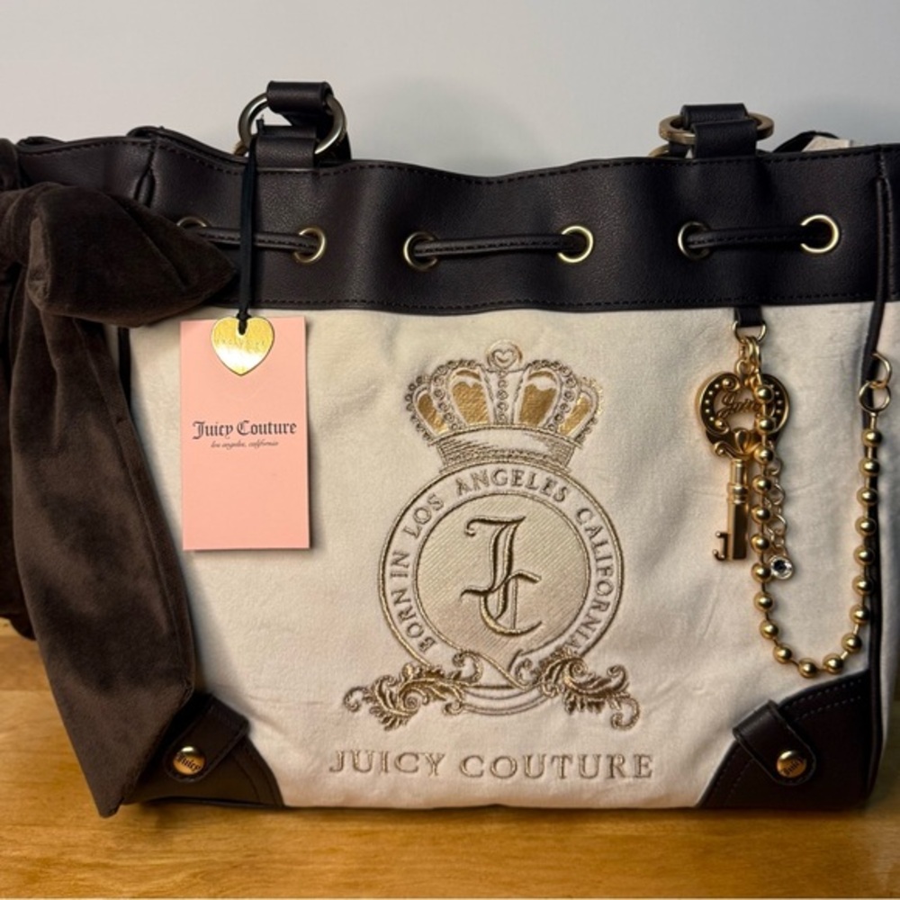 Juicy Couture Daydreamer Velour Tote Bag Brown & Cream Crown Crest NWT